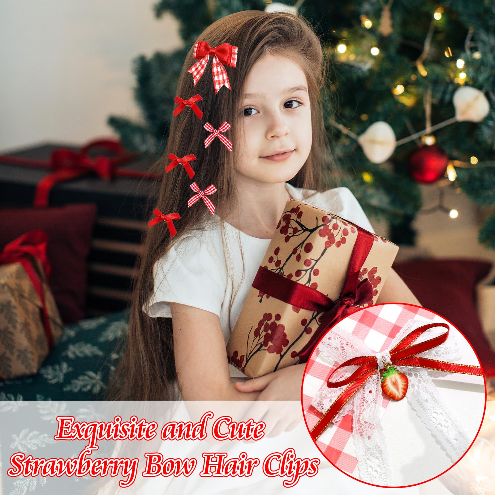 SAWINDA strawberry-cherry-bow-clip red-gingham-bow versatile styling option
