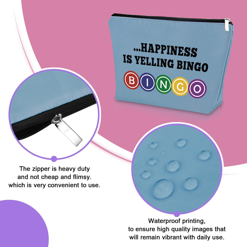 Sazuwu bingo gifts makeup bag with sturdy zipper keeps cosmetics secure during travel.