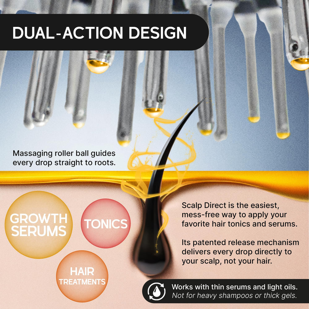 Scalp Direct low-viscosity liquid use illustrates compatibility with serums and oils.