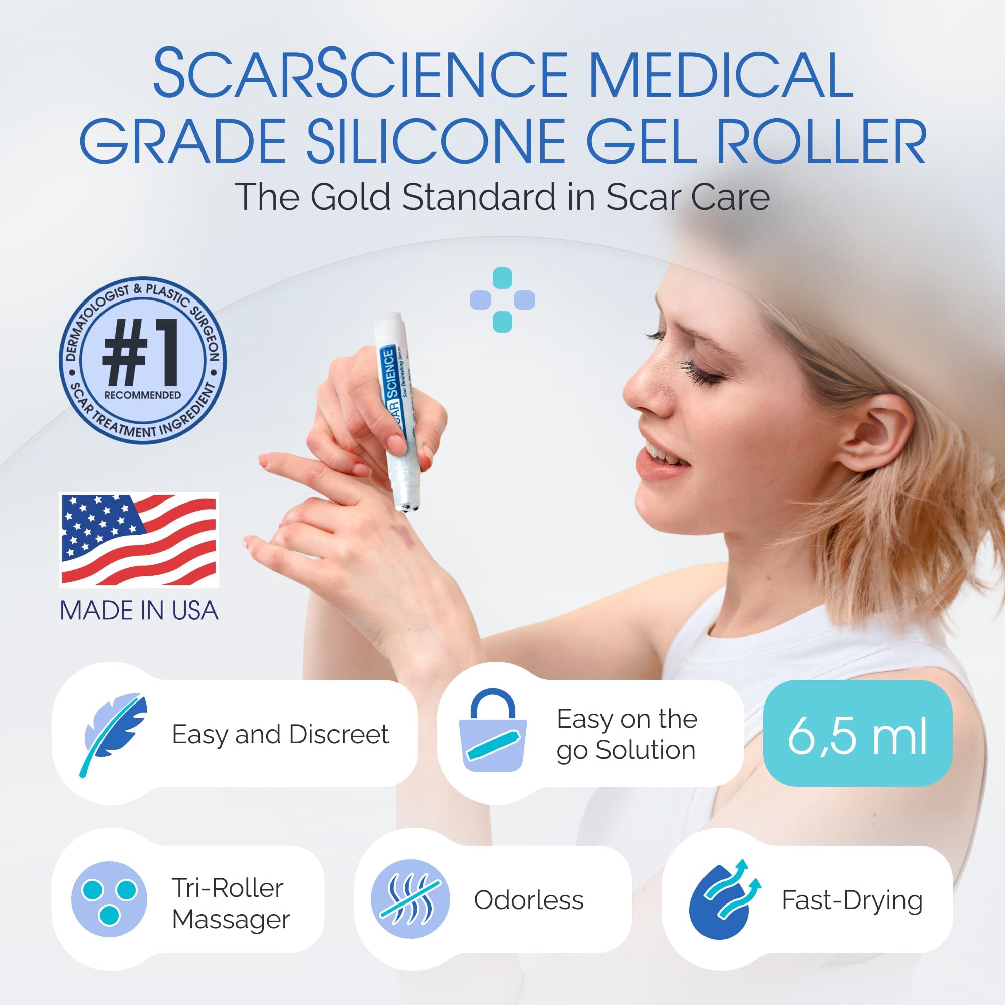 ScarScience tri-roller tip closeup showing gentle massage for scar tissue conditioning.