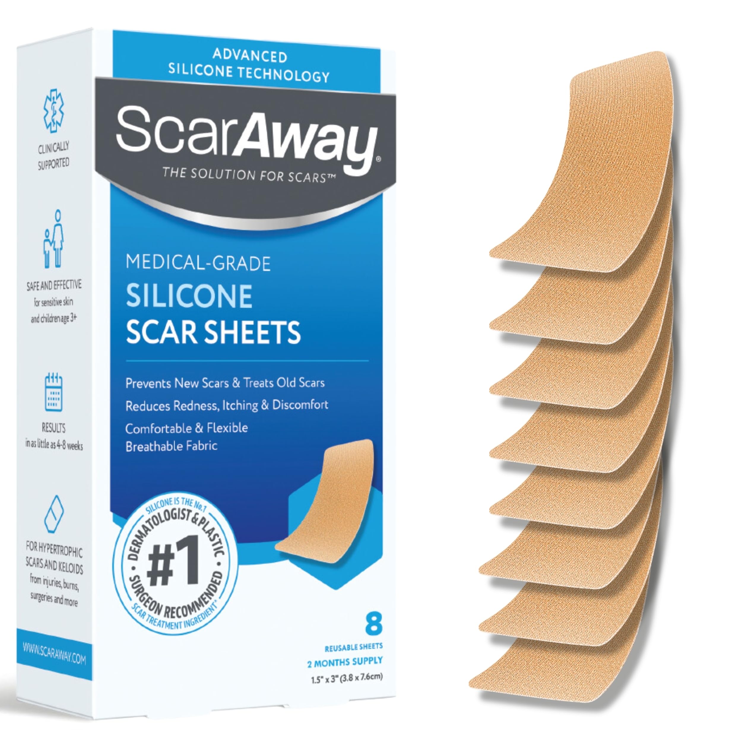 ScarAway Advanced Silicone Scar Sheets pack front demonstrates discreet, reusable scar care for smoother texture.