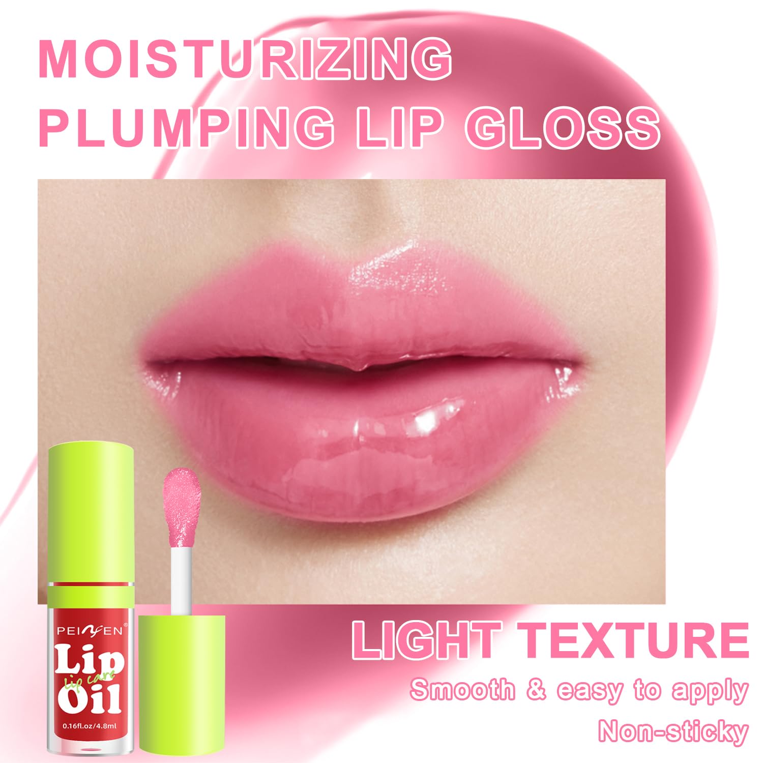 Scarman lip oil glaze pink swatch hints at hydrating gloss with plump-looking lips