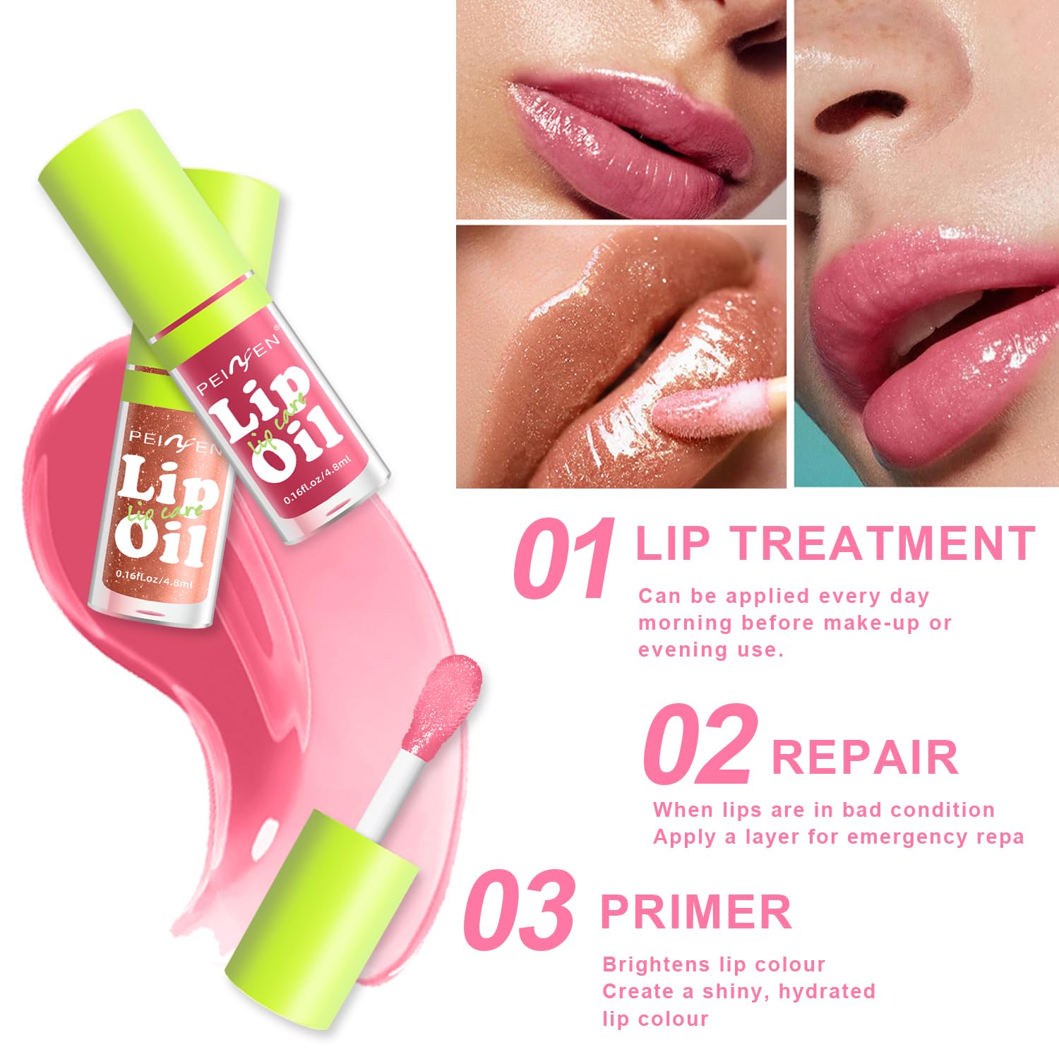 Scarman lip oil glaze rose swatch showcases vibrant color enhancing natural lips