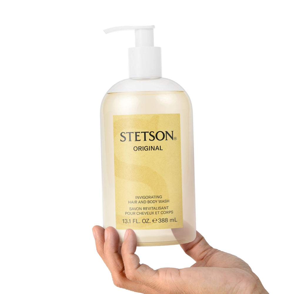 SCENT BEAUTY Stetson Original Invigorating Hair and Body Wash lather for a wakeful morning routine.