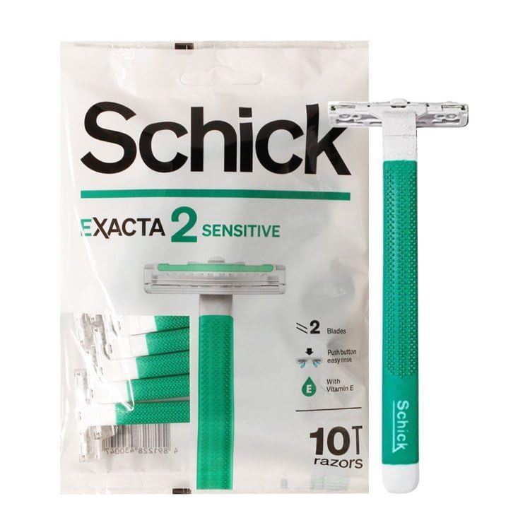 Schick Exacta2 handle closeup highlights non-slip rubber grip for precise comfort