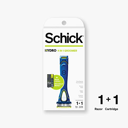 Schick Hydro 5 Groomer razor-end close-up — five blades with Skinguards for comfort.