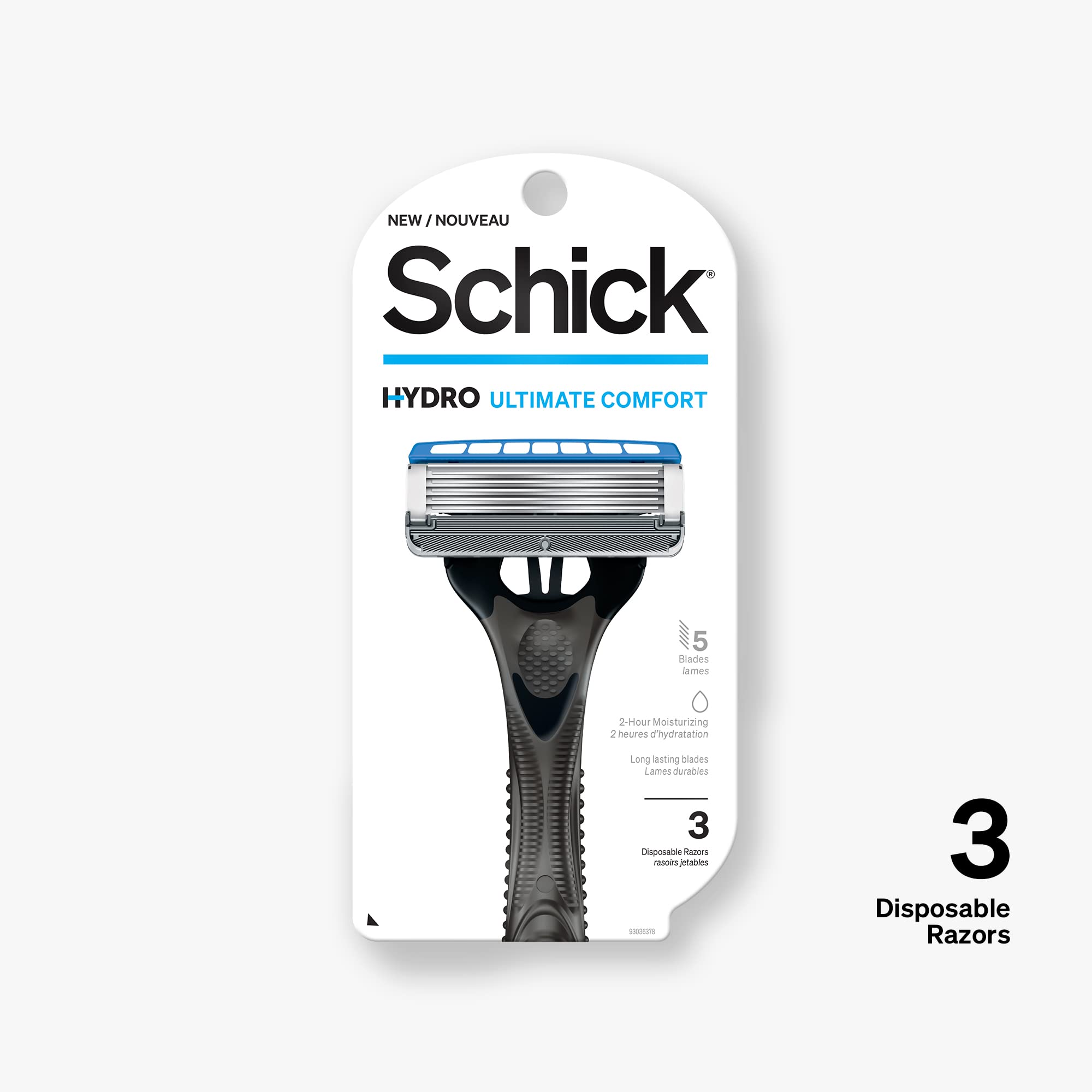 Schick Hydro 5 hydrating gel reservoir highlights skin comfort during shaving.