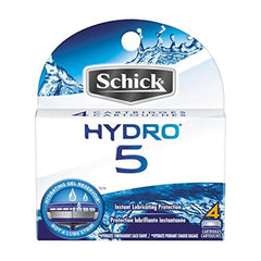 Schick Hydro 5 razor refill 4-count pack showing Hydrating Gel Reservoir and Skin Guards for smoother shave.