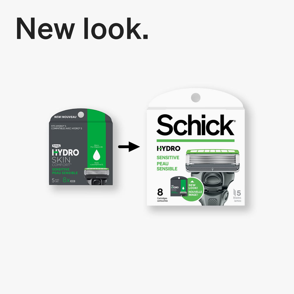 Schick Hydro 5 Sense refill-pack options graphic showing 4/8/12.