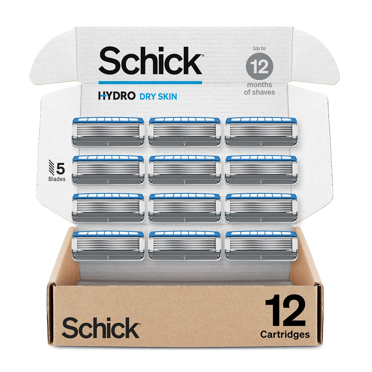 Schick Hydro Dry Skin refills packaging showing durable blades for smooth shaves.