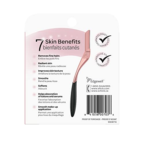 Schick Hydro Silk dermaplaning blades close-up — exfoliating edges remove peach fuzz