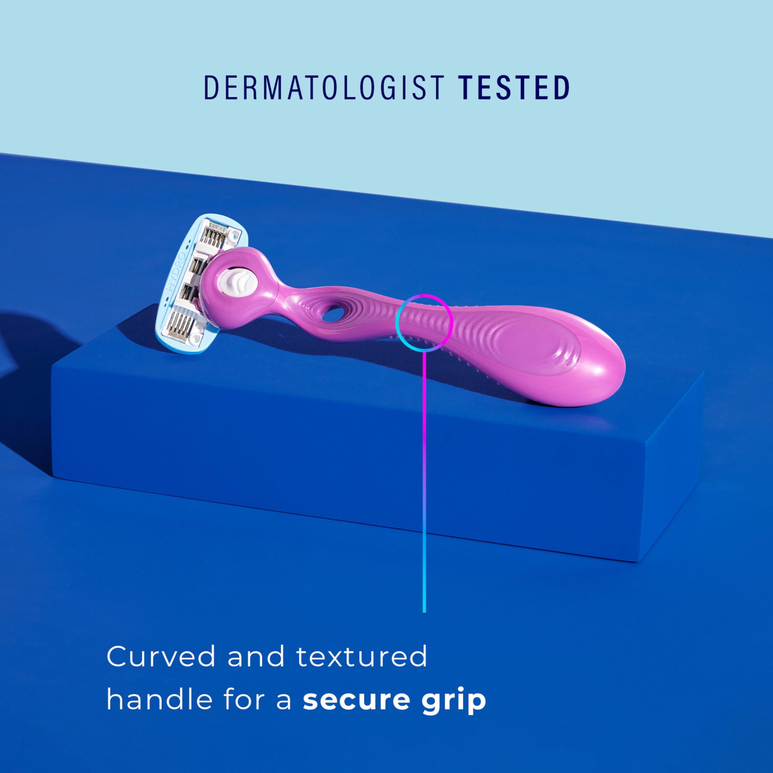 Schick Hydro Silk Dermatologist-Tested badge closeup highlighting hydration claim.