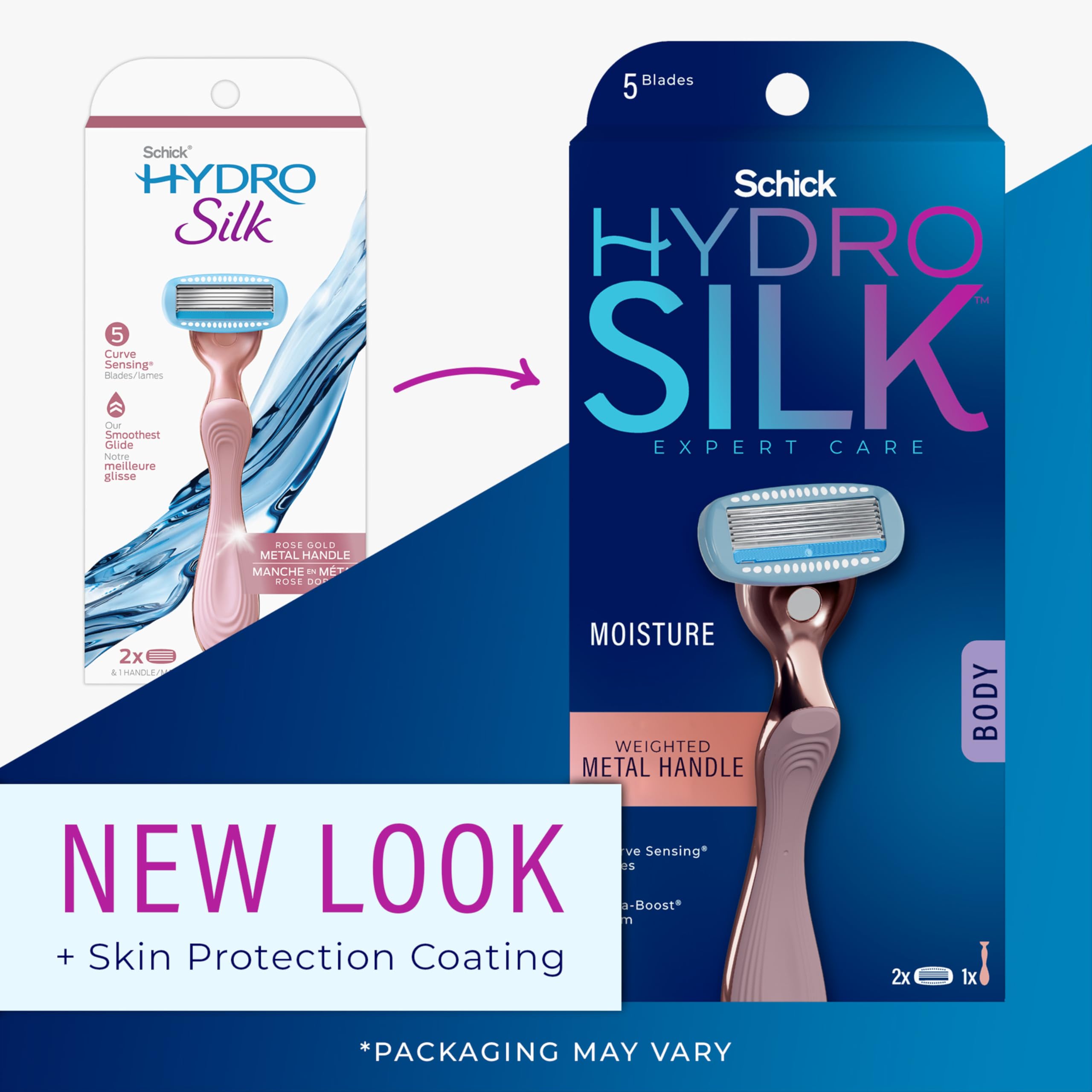 Schick Hydro Silk five-curve-sensing blades close-up for comfortable shaving.