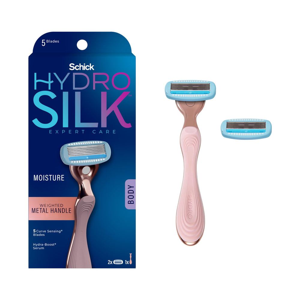 Schick Hydro Silk rose-gold metal razor handle for precise control.