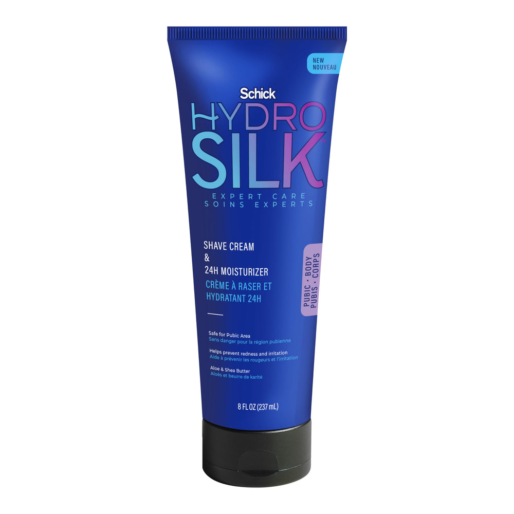 Schick Hydro Silk shave cream bottle shows 2-in-1 shaving and moisturizing formula for ease