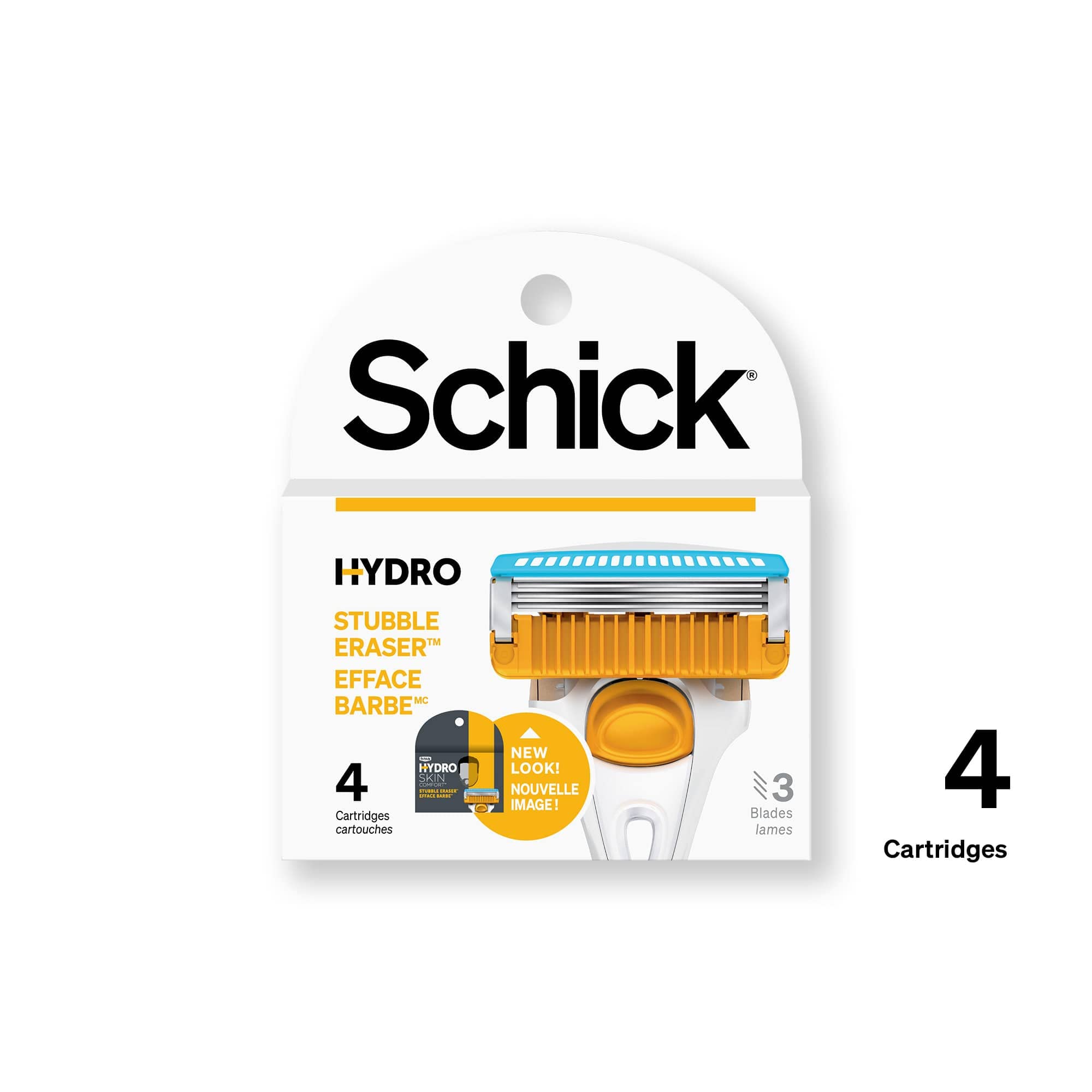Schick Hydro Stubble Eraser refills grooming ritual imagery conveys a clean, refreshed feel.