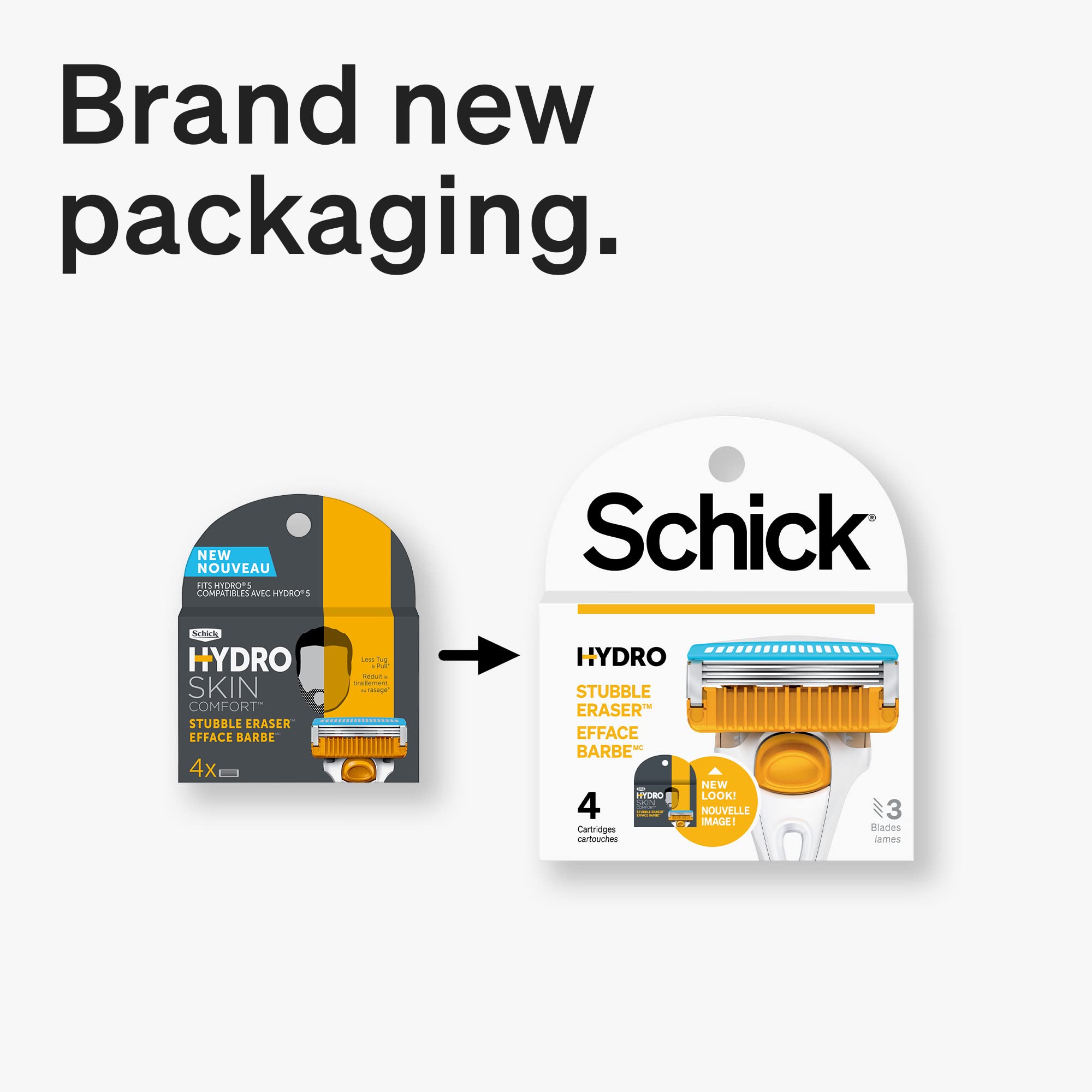 Schick Hydro Stubble Eraser refills stubble-on-skin scenario demonstrates long-stubble shaving flexibility.
