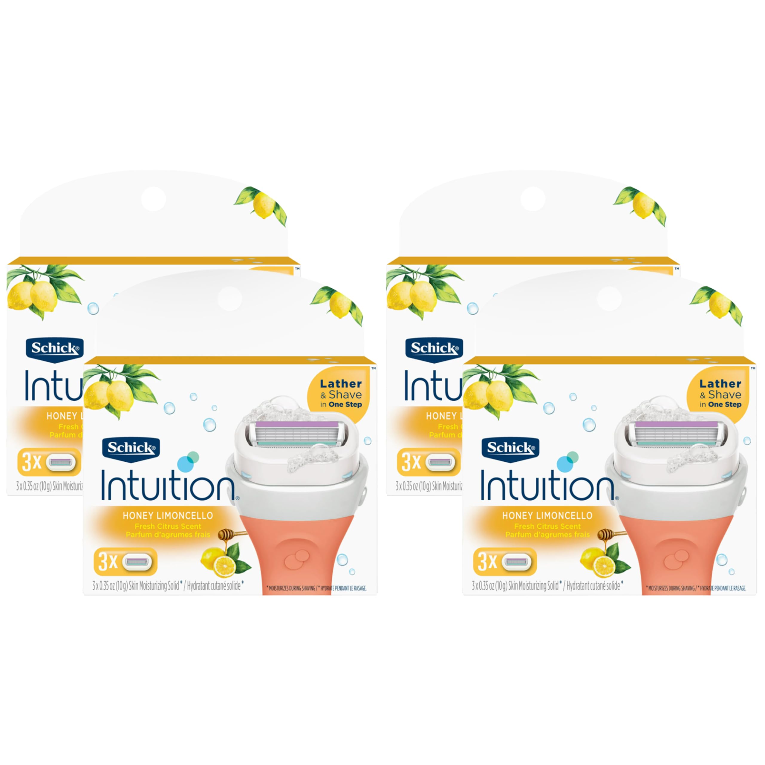 SCHICK INTUITION Honey Limoncello razor refill close-up shows moisturizing bar for smooth shave.