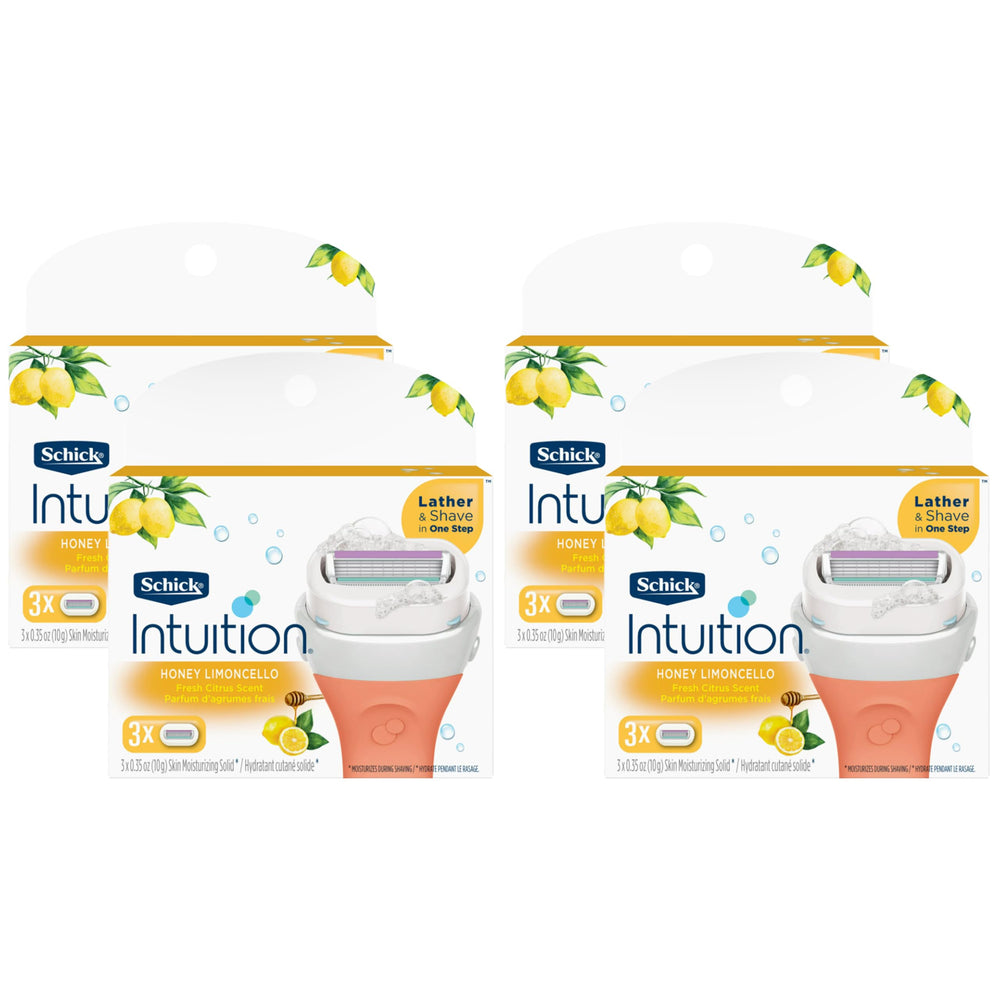 SCHICK INTUITION Honey Limoncello razor refill close-up shows moisturizing bar for smooth shave.