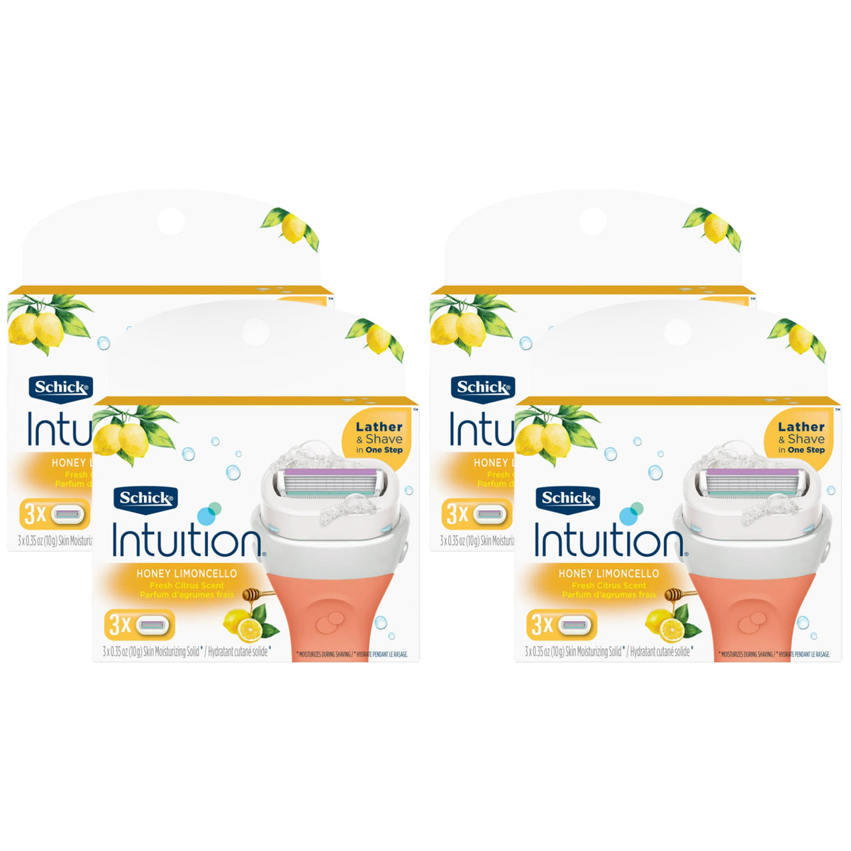 SCHICK INTUITION Honey Limoncello razor refill close-up shows moisturizing bar for smooth shave.