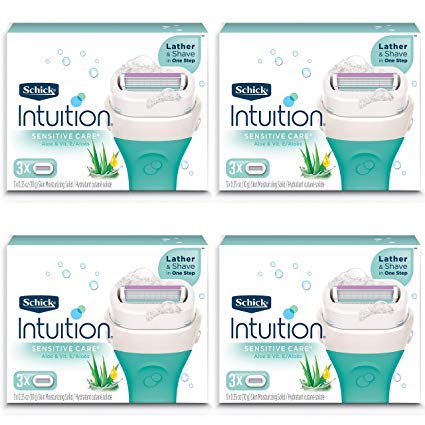 Schick Intuition moisturizing razor refills with aloe—close-up of soothing hydration for shaving.