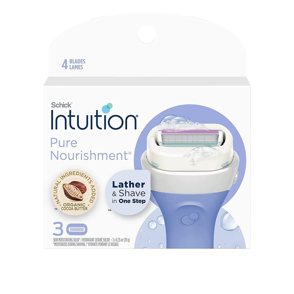 Schick Intuition Pure Nourishment razor cartridge closeup with four blades