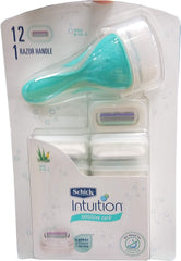 Schick Intuition refills cartridges packaging view highlighting convenient all-in-one shaving solution for busy mornings