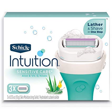 Schick Intuition women's razor refills with aloe in sensitive-care setup for daily grooming.