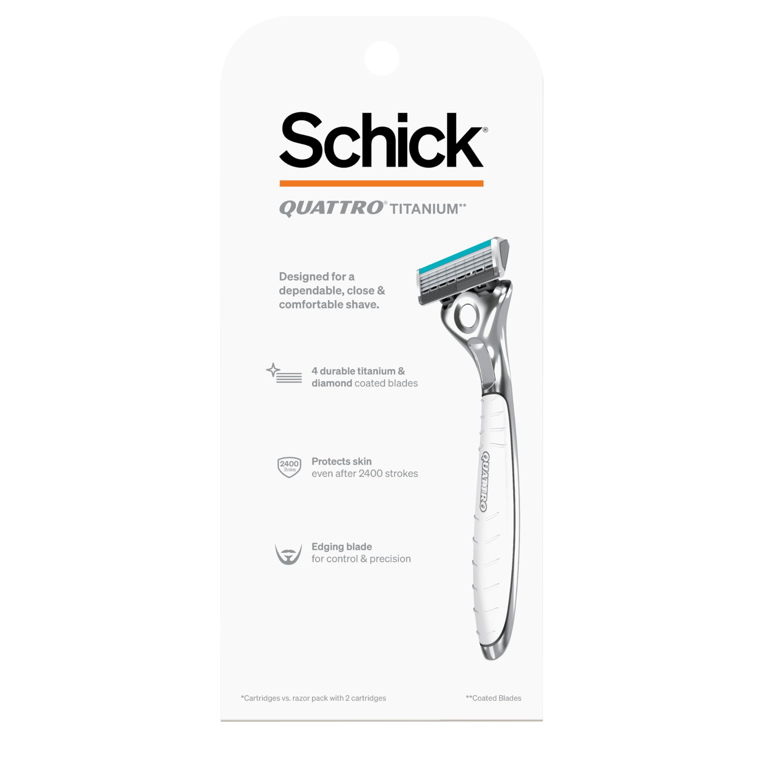 Schick Quattro packaging demonstrates convenient home shaving setup for daily routines.