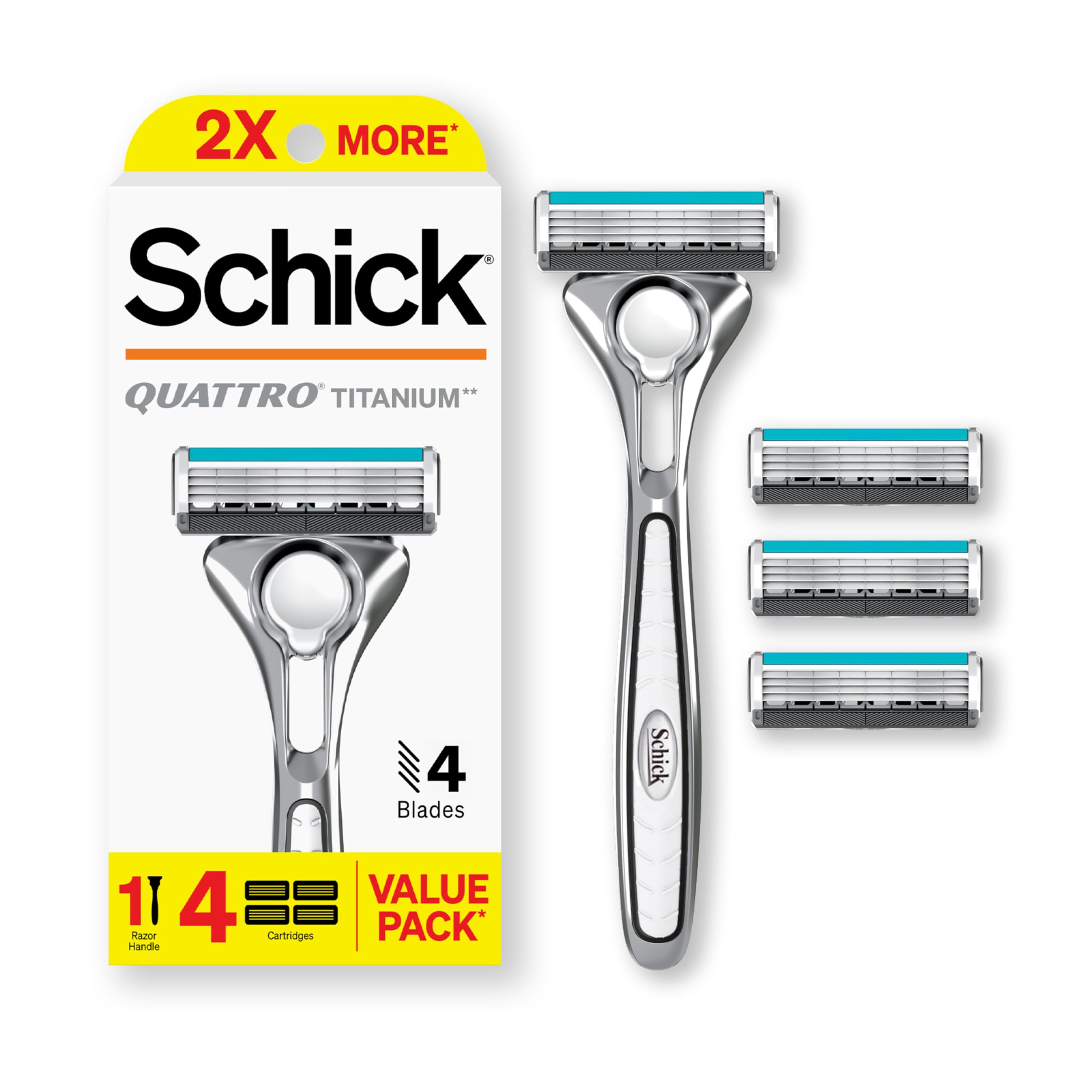 Schick Quattro Titanium razor handle with ergonomic grip for precise shaving control.