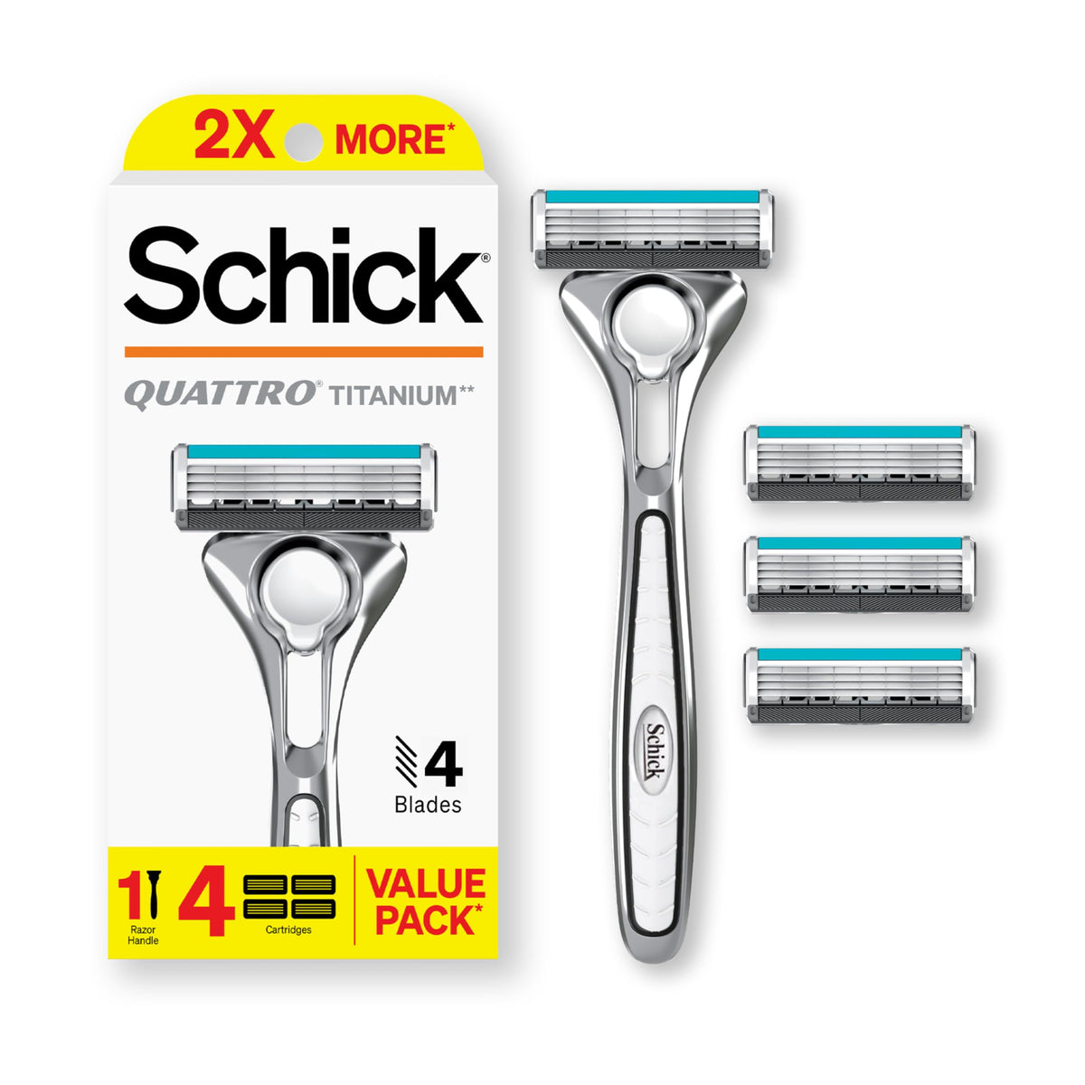 Schick Quattro Titanium razor handle with ergonomic grip for precise shaving control.
