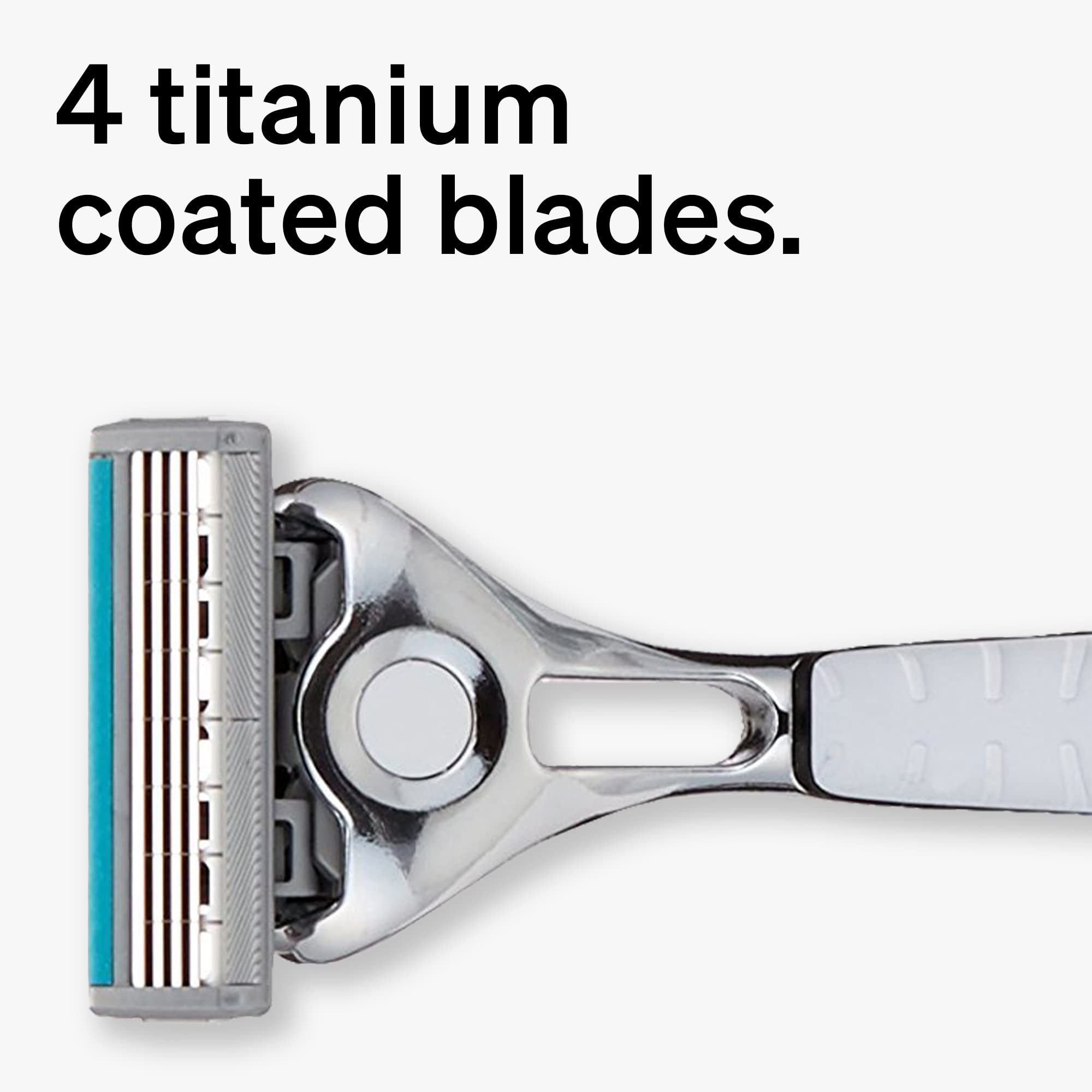 Schick Quattro Titanium refills lubricating strip showcased with Aloe and Vitamin E for glide.