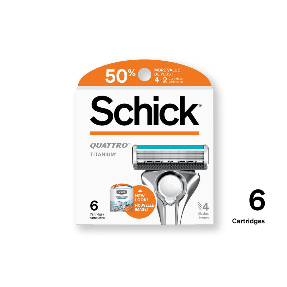 Schick Quattro Titanium refills packaging-ready shot stresses user-friendly change.