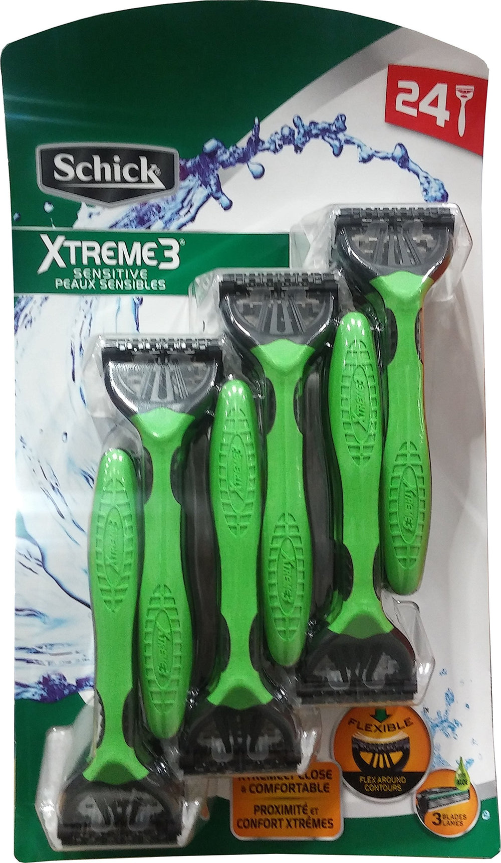 Schick Xtreme 3 Sensitive Razor 24-count packaging for easy, portable grooming.