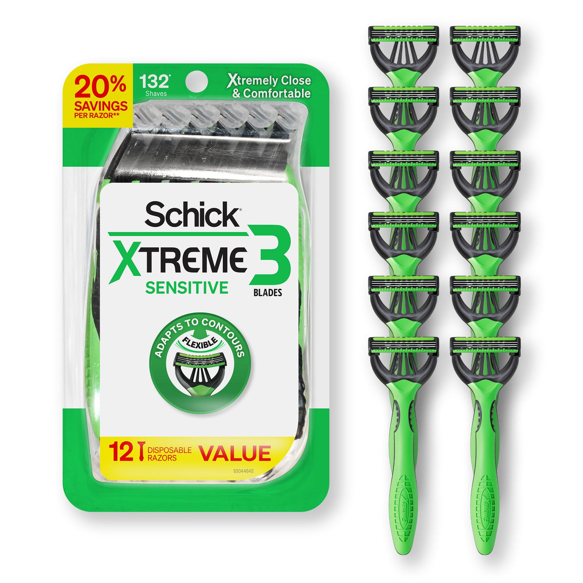 Schick Xtreme3 Sensitive razor three blades close-up for contour shave