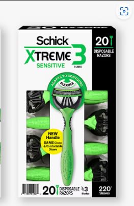 Schick Xtreme 3 Sensitive Skin razor shown from front, offering close shave with Aloe comfort.