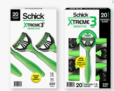 Schick Xtreme 3 Sensitive Skin razor with ergonomic handle for precise control during shaving.