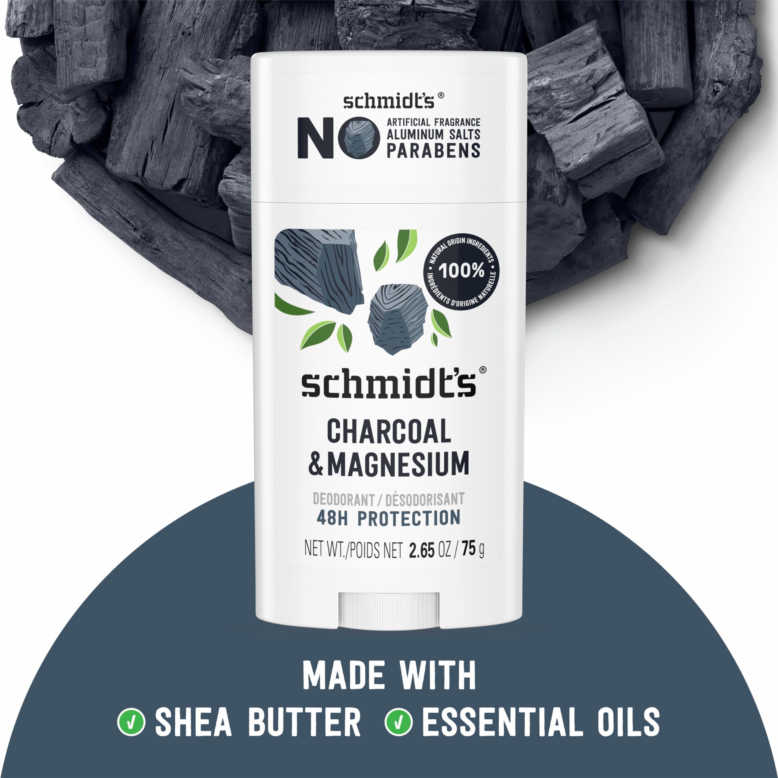 Schmidt's Charcoal & Magnesium deodorant-24hour indicates long-lasting odor protection.