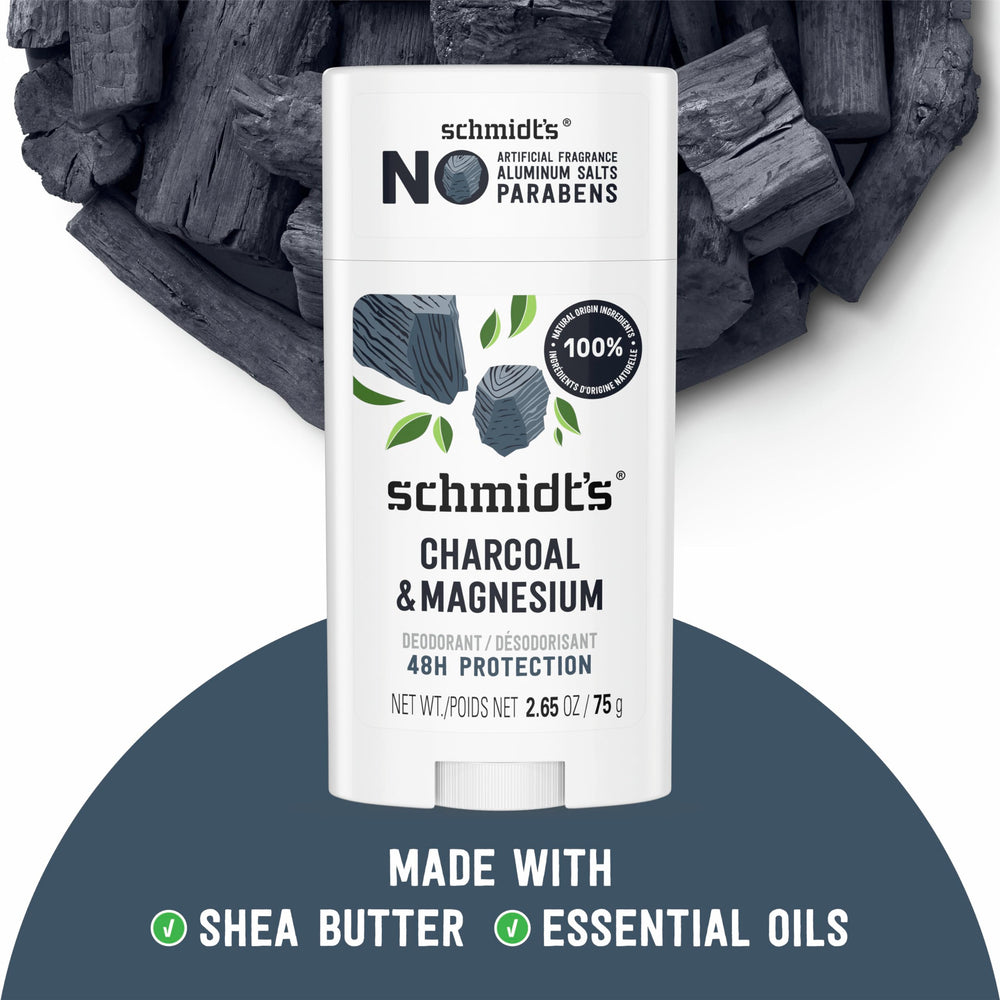 Schmidt's Charcoal & Magnesium deodorant-24hour indicates long-lasting odor protection.