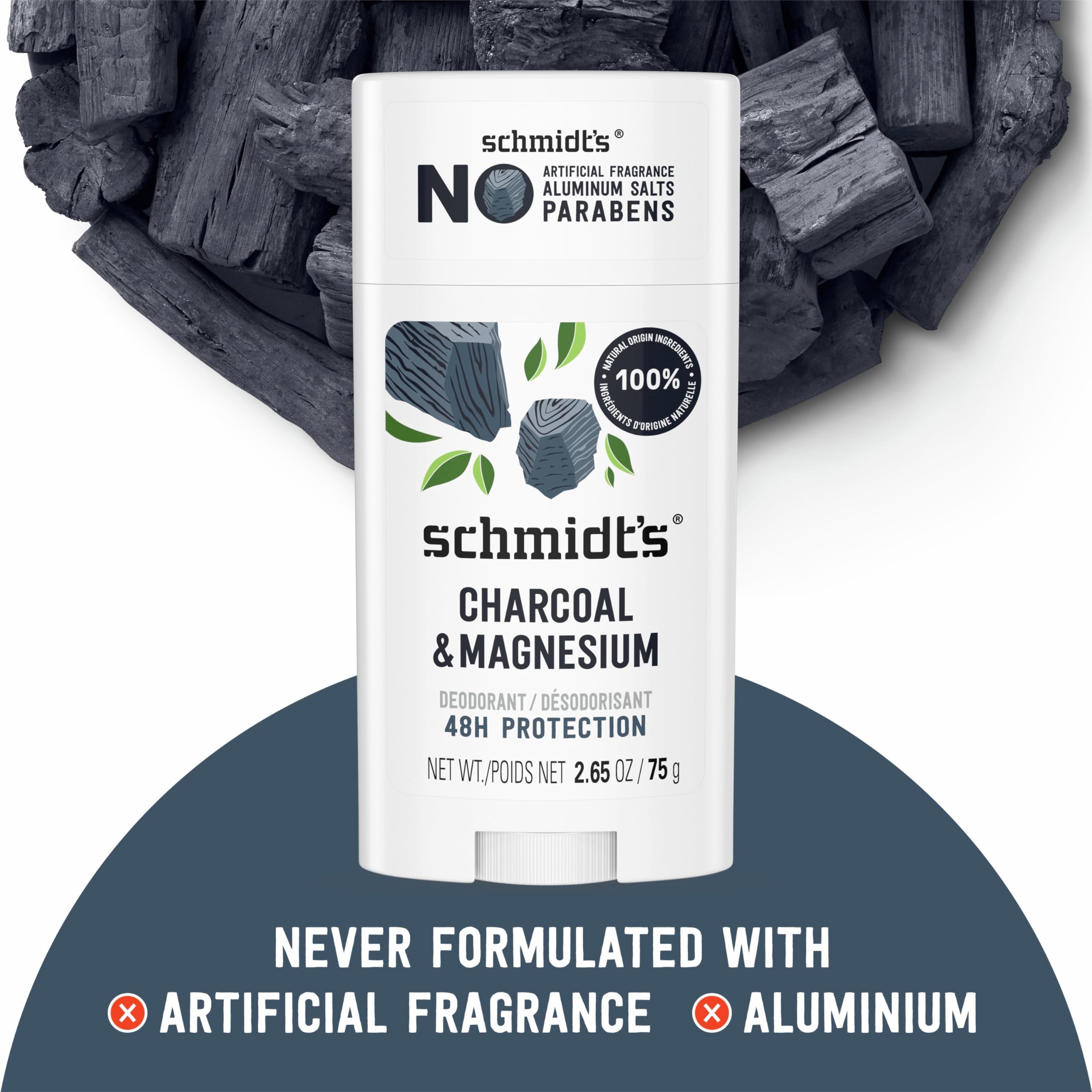 Schmidt's Charcoal & Magnesium deodorant-ingredients showcases coconut oil and shea butter nourishment.