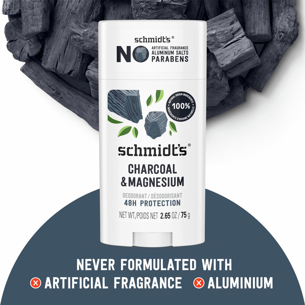 Schmidt's Charcoal & Magnesium deodorant-ingredients showcases coconut oil and shea butter nourishment.