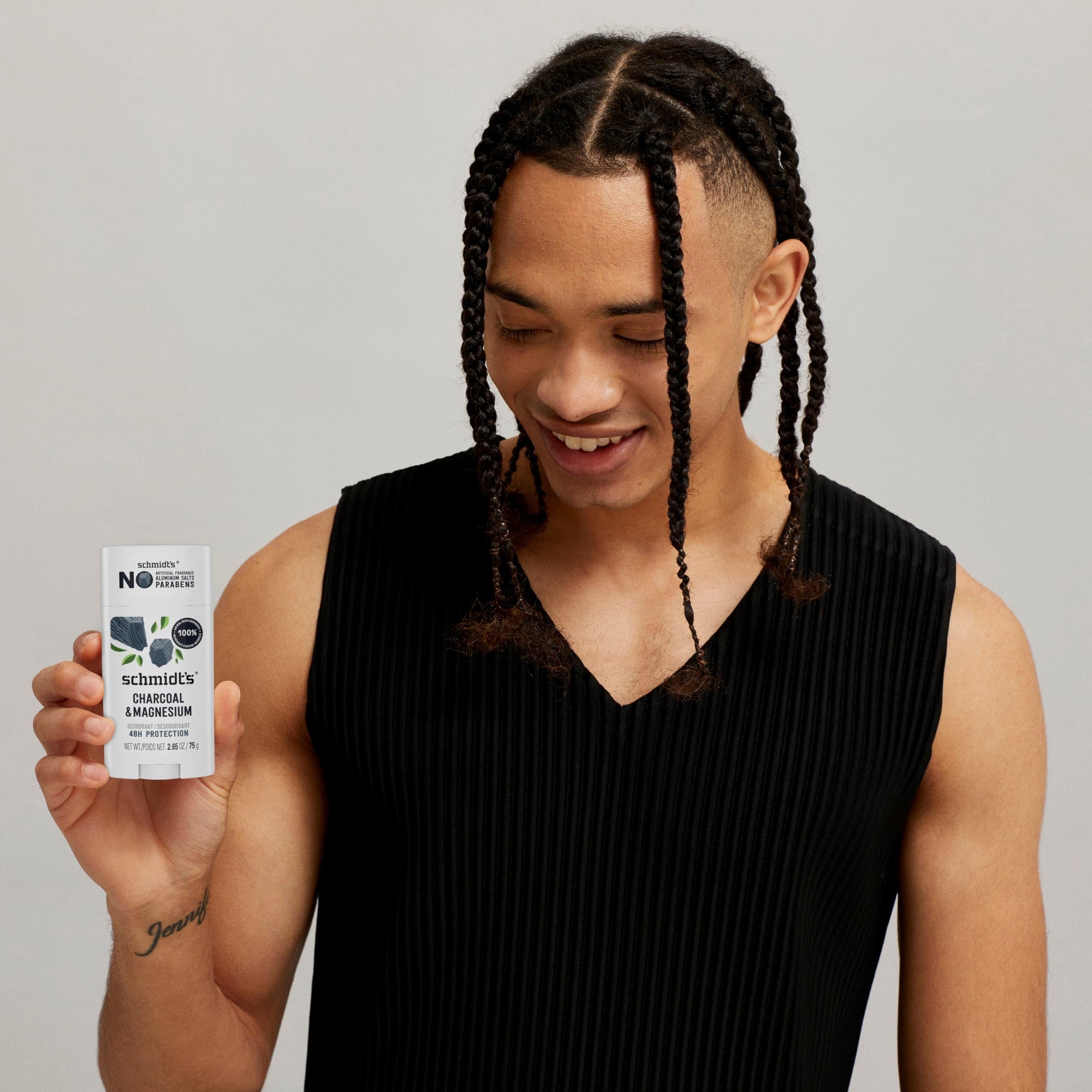Schmidt's Charcoal & Magnesium deodorant-noaluminum demonstrates clean, metal-free underarm care.