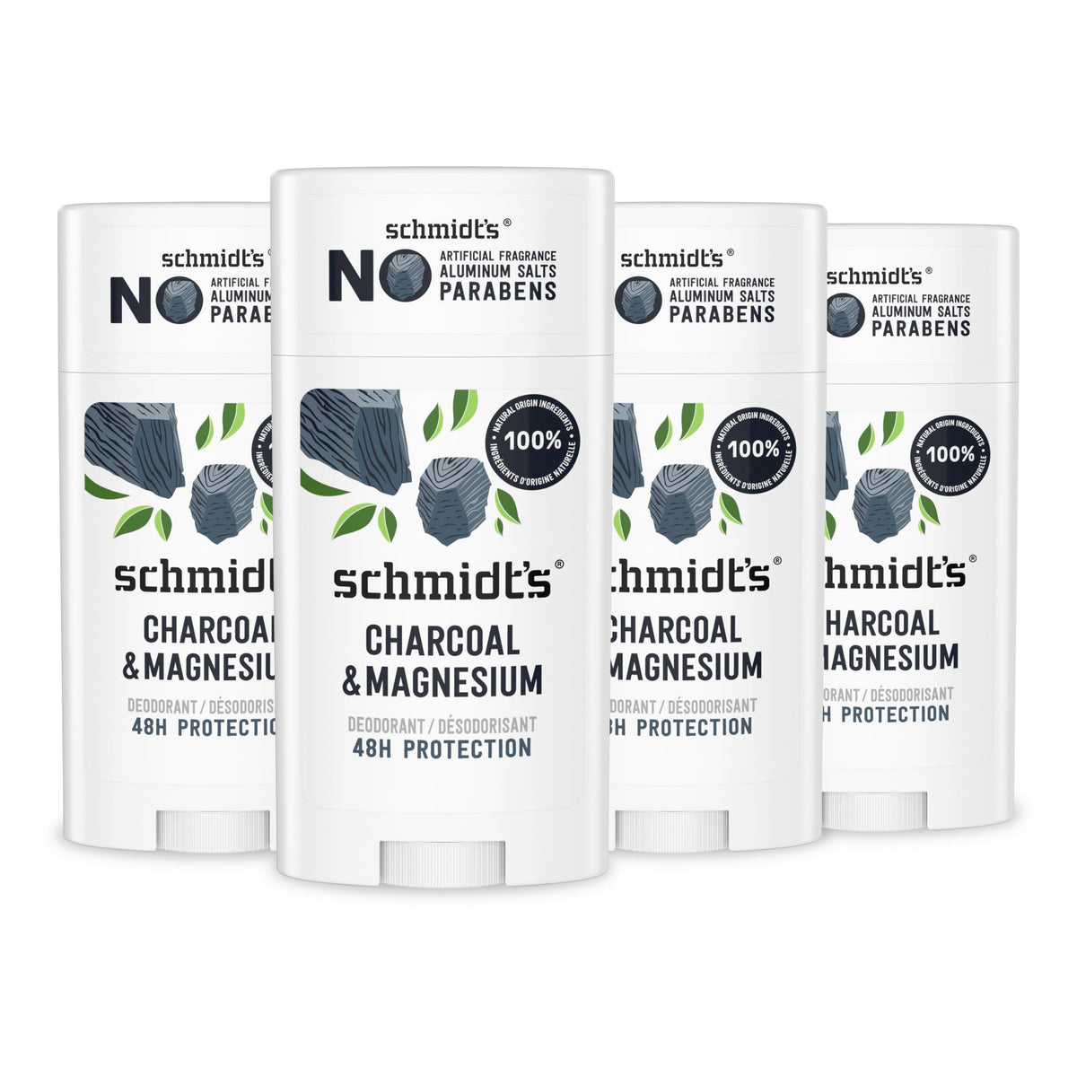 Schmidt's Charcoal & Magnesium deodorant-packaging shows aluminum-free protection for daily wear.