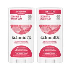 Schmidt's Coconut Kaolin 2pk aluminum-free deodorant for all-day odor control.
