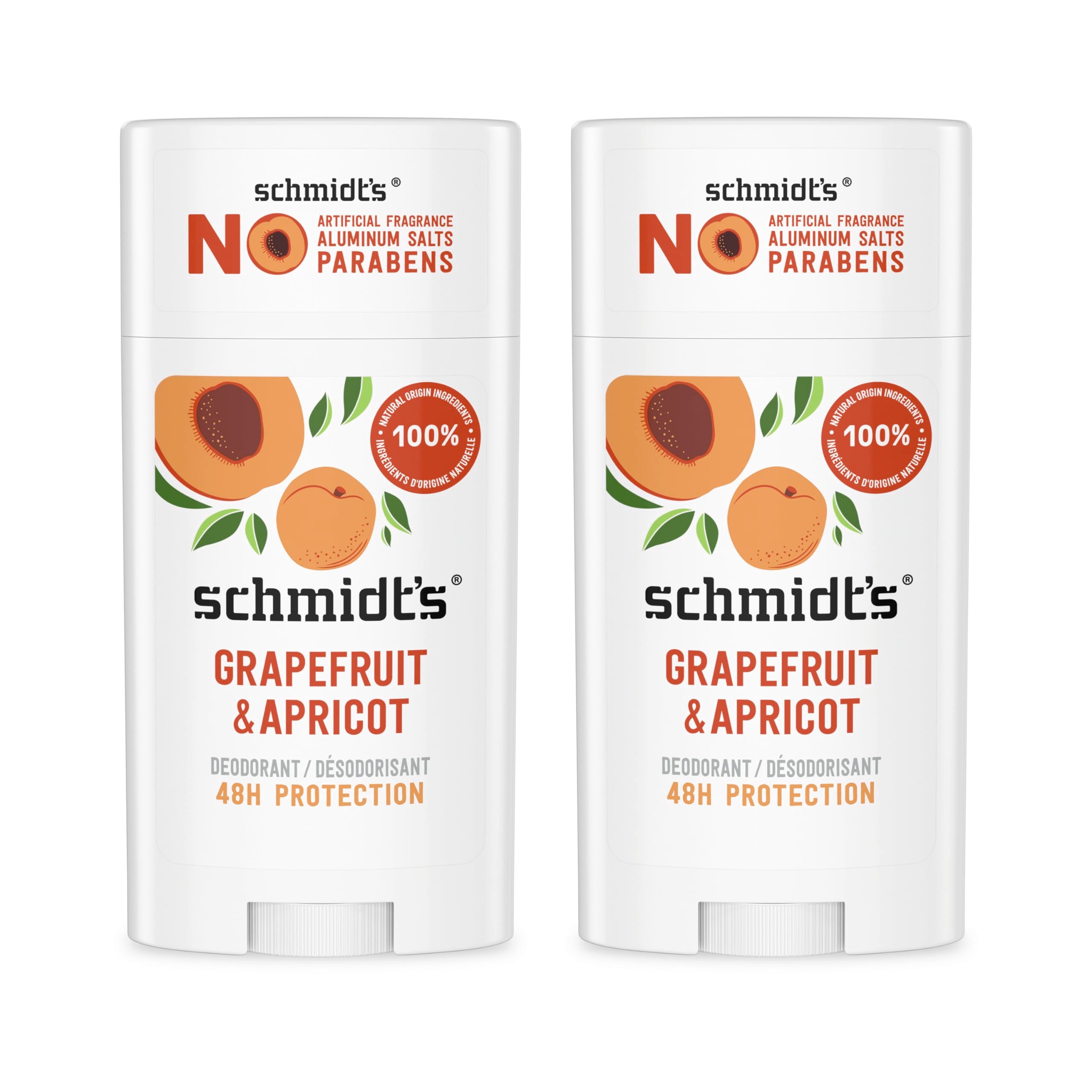 Schmidt's Grapefruit & Apricot deodorant stick front view for all-day freshness.