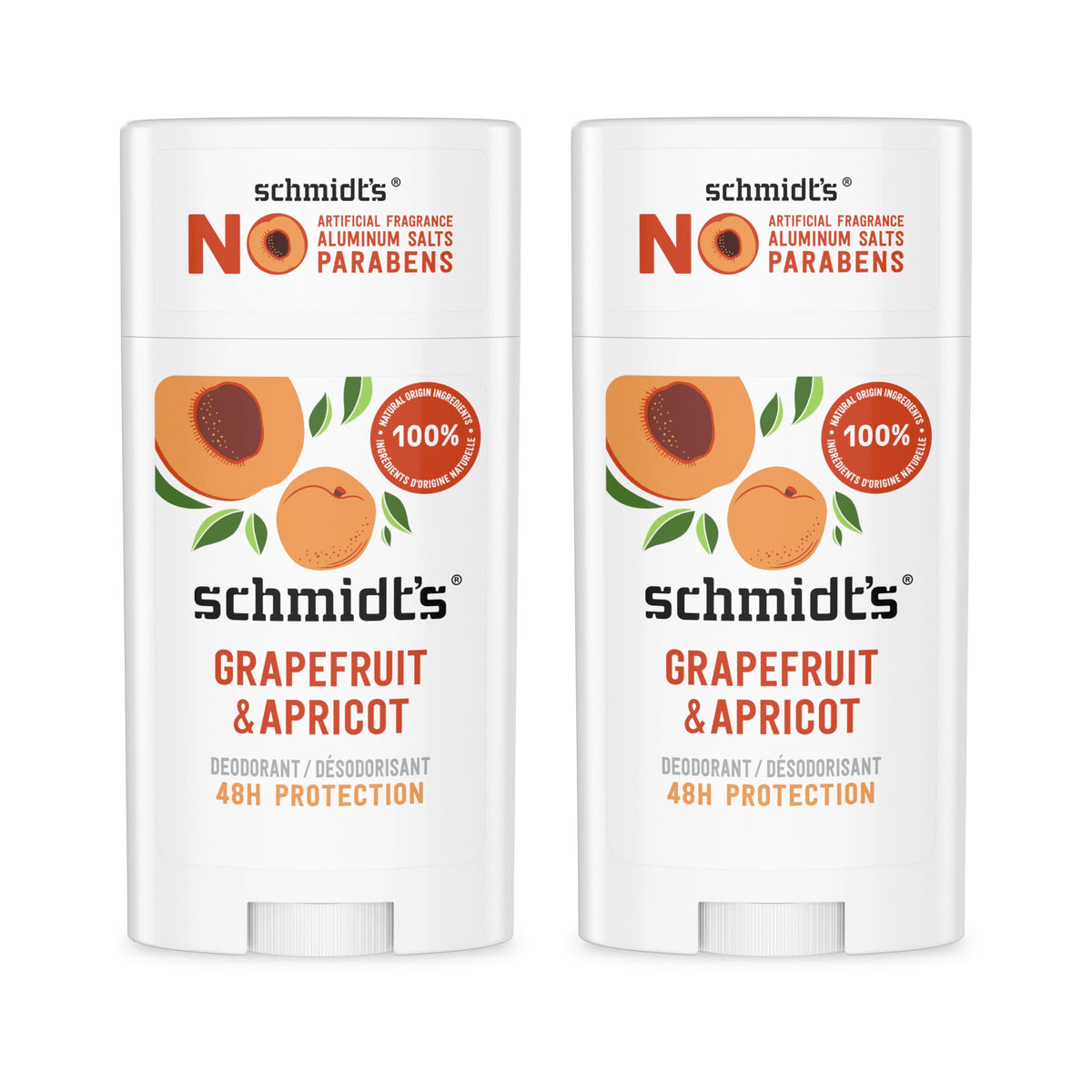 Schmidt's Grapefruit & Apricot deodorant stick front view for all-day freshness.