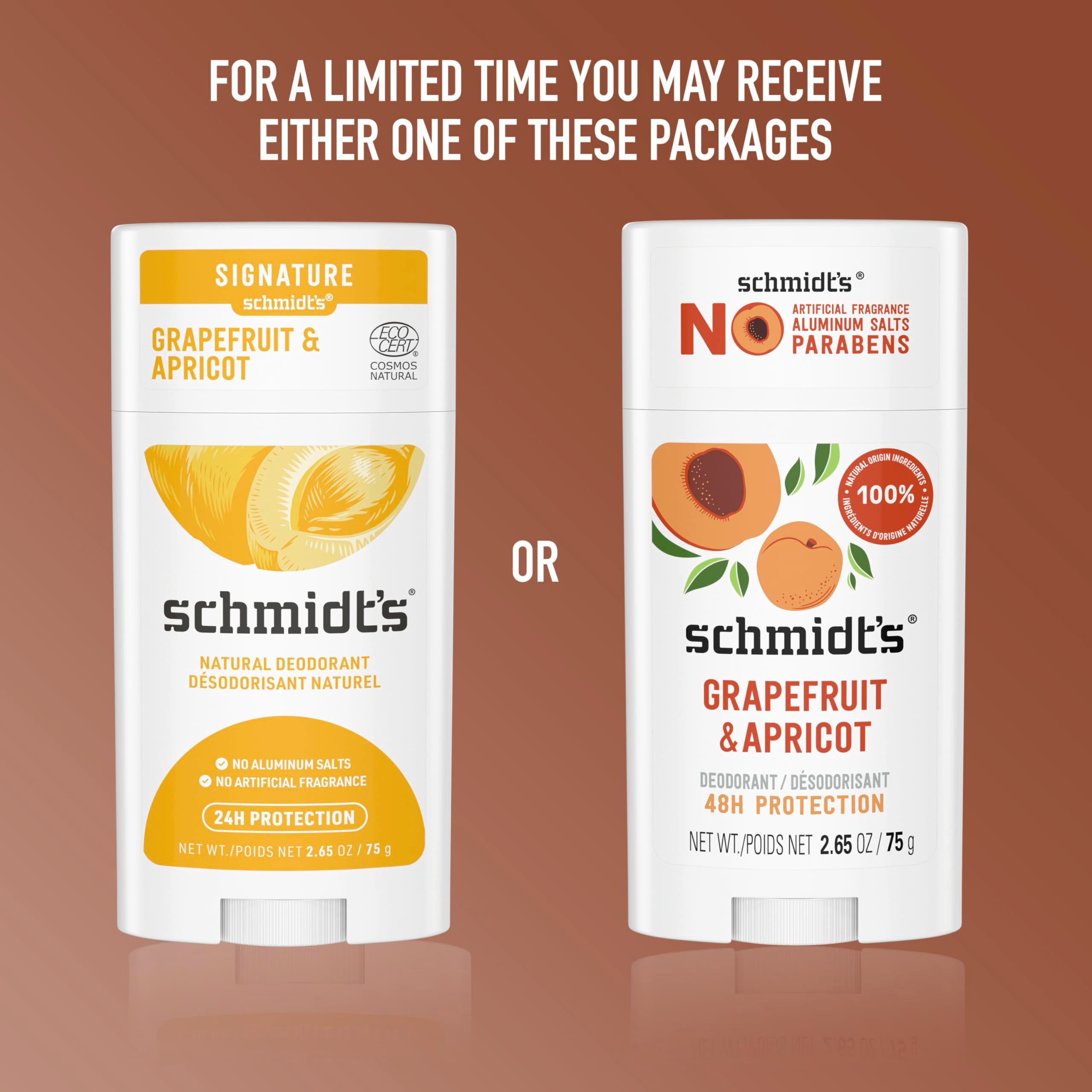Schmidt's Grapefruit & Apricot two-pack 2.65 oz sticks for value.