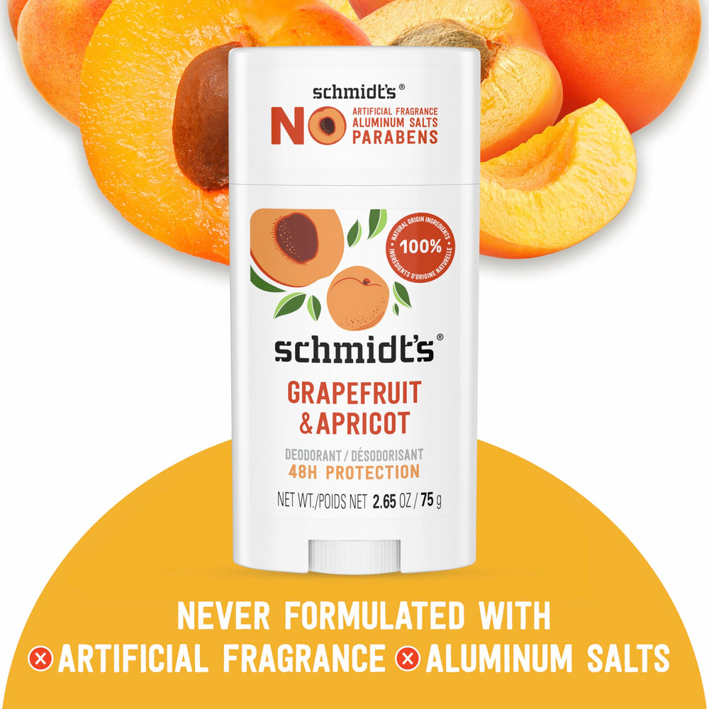 Schmidt's Grapefruit & Apricot vegan and cruelty-free emblem on packaging.