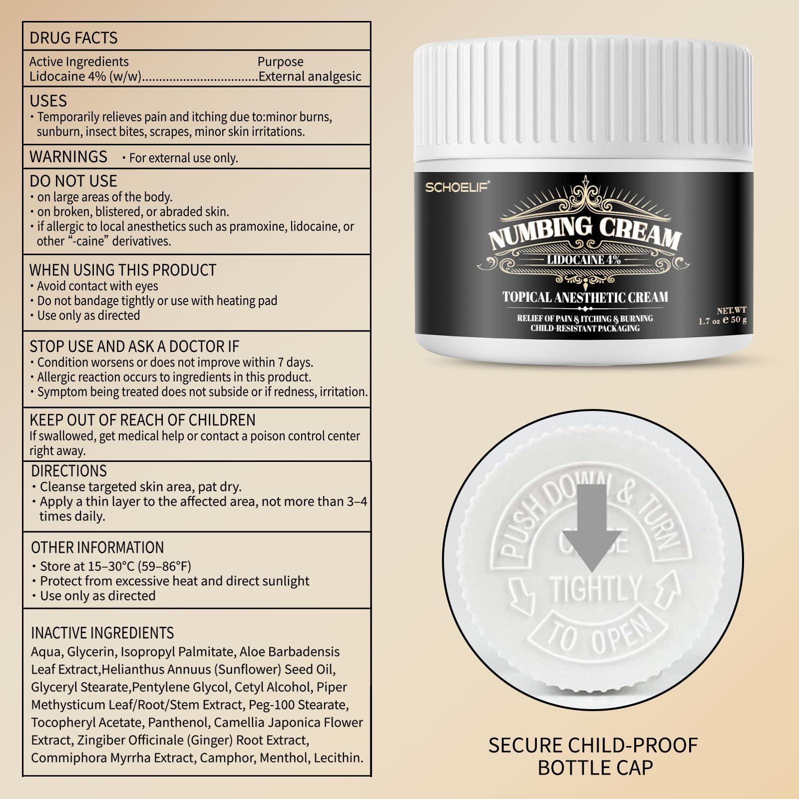 SCHOELIF Numbing Cream child-resistant-packaging demonstrates safe storage and handling.