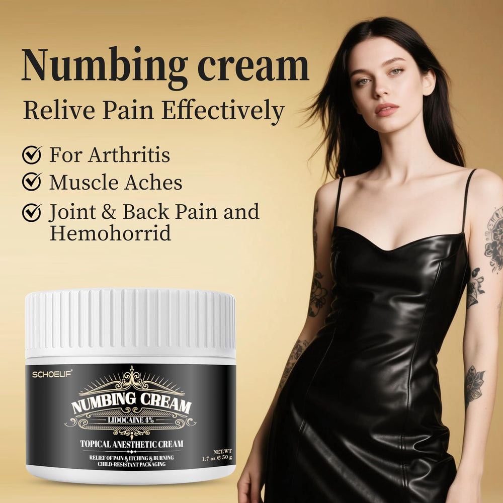 SCHOELIF Numbing Cream fragrance-free image emphasizes irritation-free use on sensitive skin.